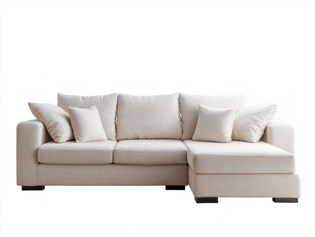 Canapé d’angle tissu beige 3 dossiers 4 coussins