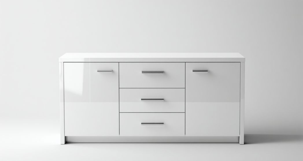 Buffet en bois blanc, 2 portes et 3 tiroirs, meuble rectangulaire avec poignées métalliques