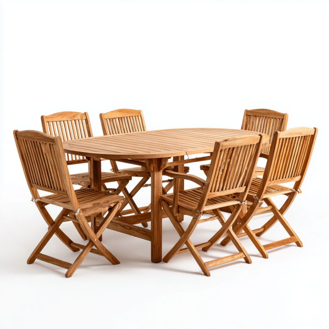 Ensemble repas 7 pièces en teck massif naturel avec table ovale et 6 chaises