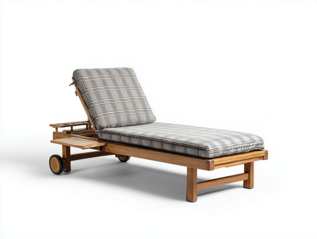 Chaise longue en teck avec coussin gris à motifs carreaux et roulettes