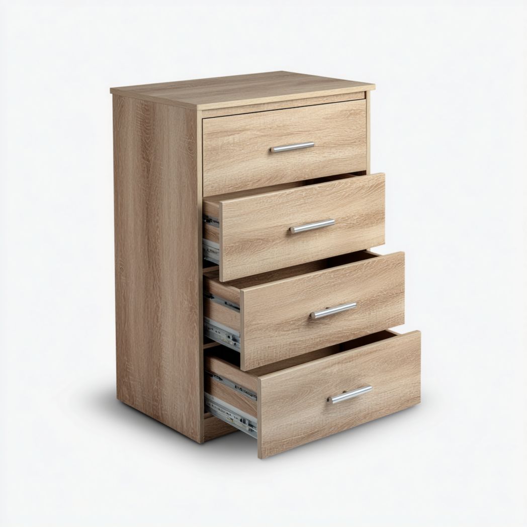 Commode en bois chêne clair à quatre tiroirs avec poignées métalliques
