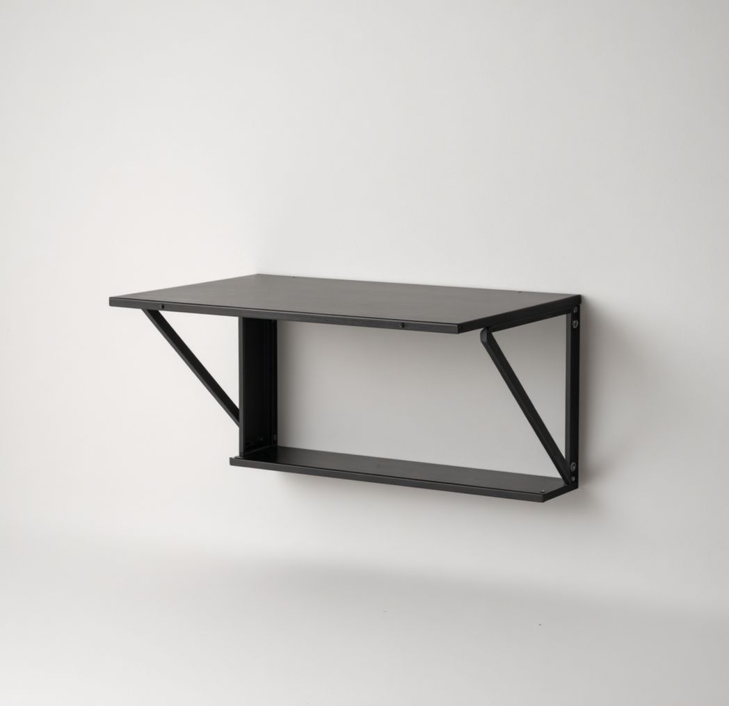 Table murale pliante en métal noir avec plateau bois