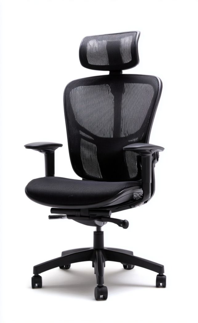 Chaise de bureau en maille noire, dossier haut avec appui-tête, accoudoirs droits et base à cinq branches