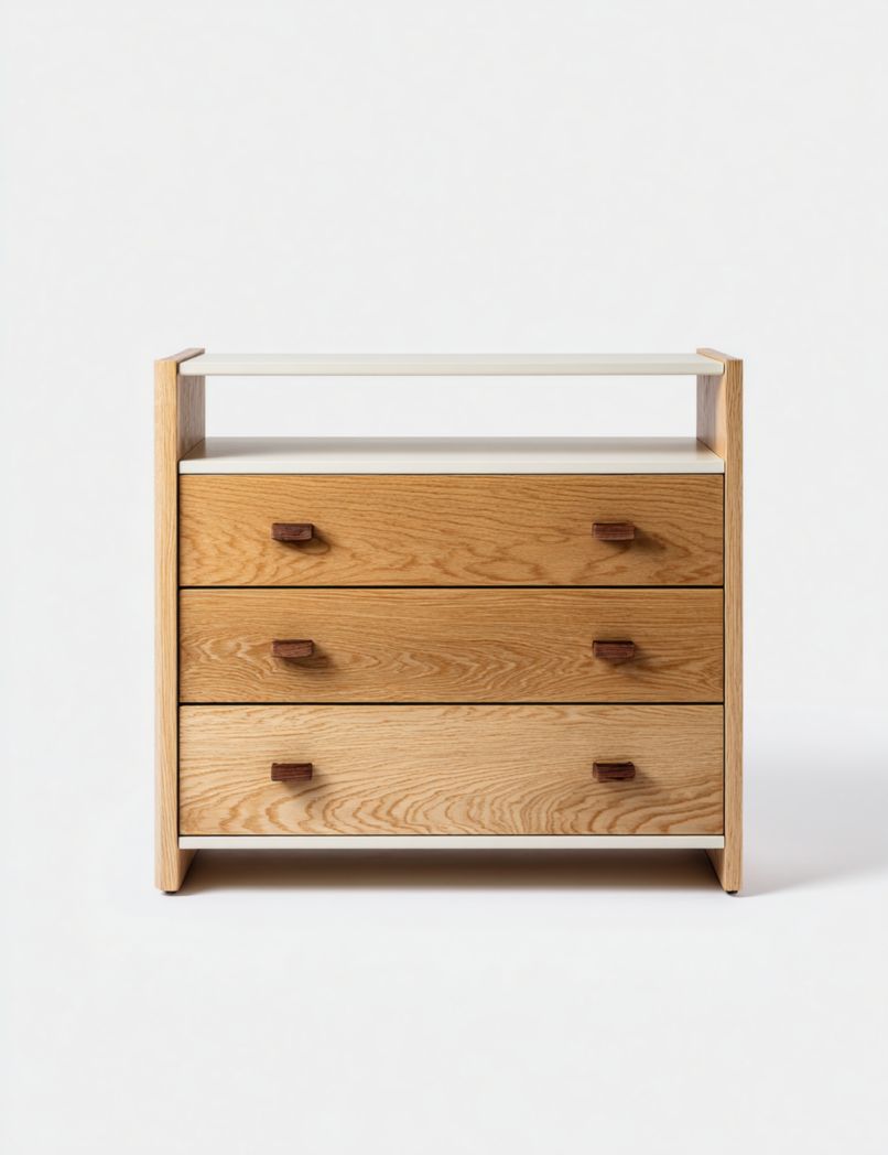 Commode en bois chêne avec trois tiroirs, plateau blanc et poignées en bois