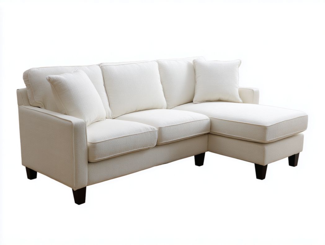 Canapé tissu ivoire méridienne droite 3 dossiers 2 coussins