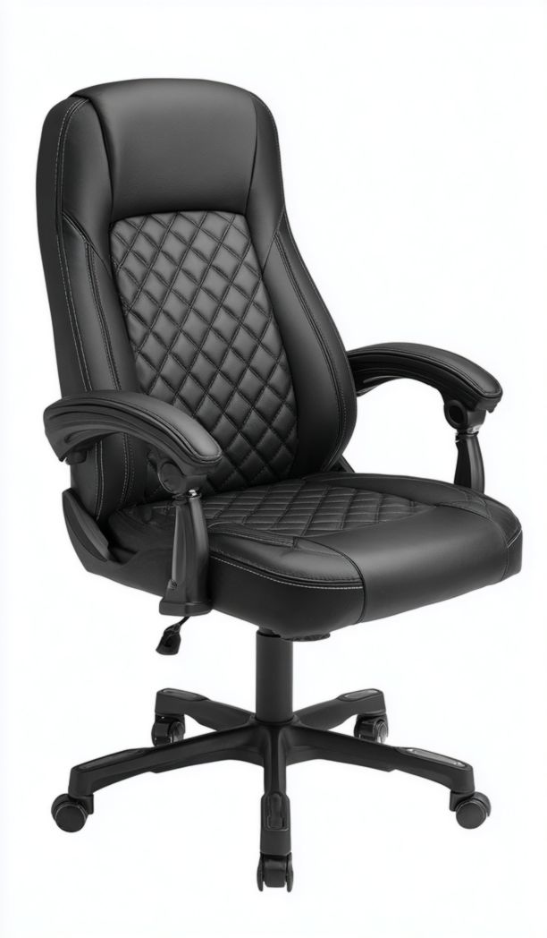 Chaise de bureau en cuir synthétique noir, dossier et assise à surpiqûres losanges, avec accoudoirs et base à cinq branches