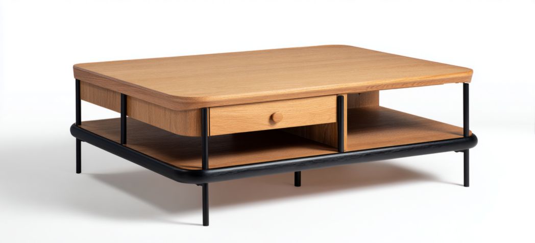 Table basse rectangulaire en chêne et métal couleur naturelle avec un tiroir et étagères ouvertes