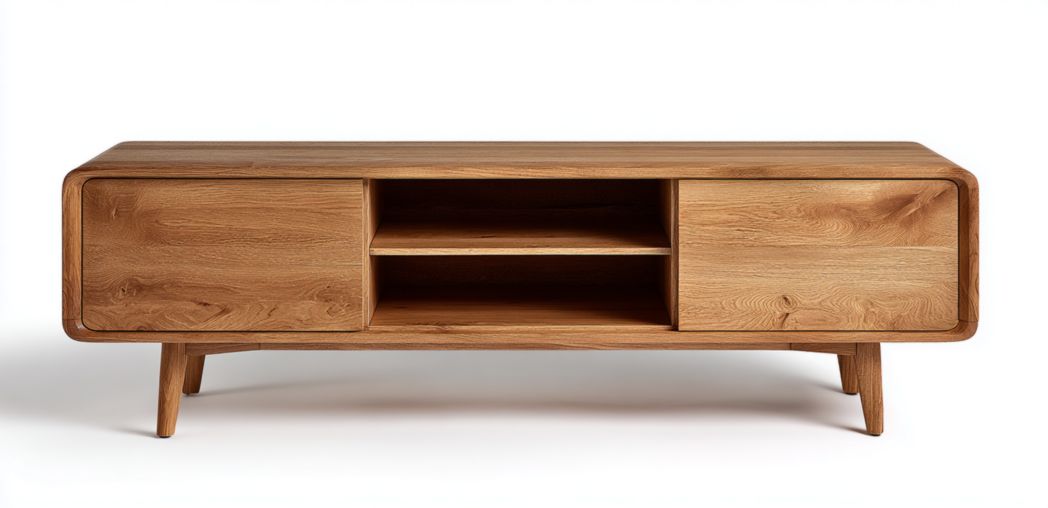 Meuble TV rectangulaire en bois clair avec deux portes et compartiment central ouvert