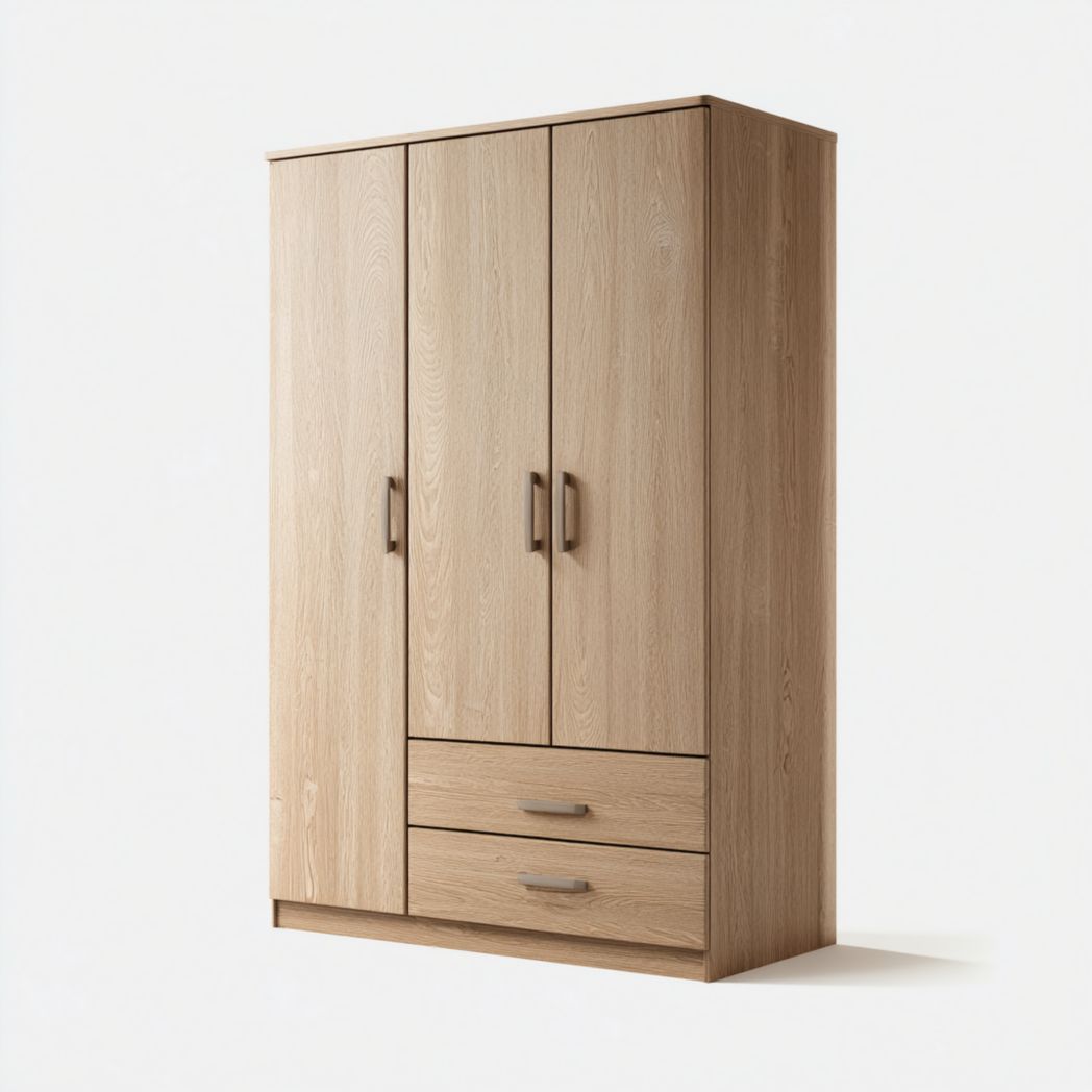 Armoire en bois trois portes deux tiroirs finition chêne clair