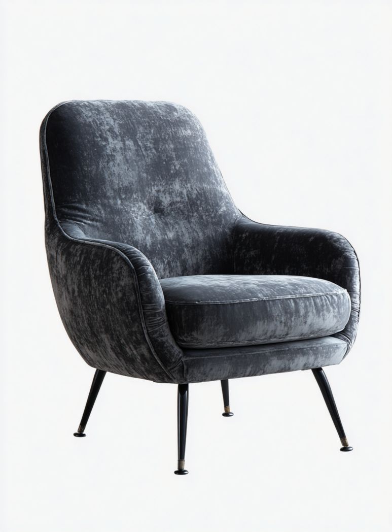 Fauteuil en velours gris foncé avec assise coussin séparé et pieds en métal