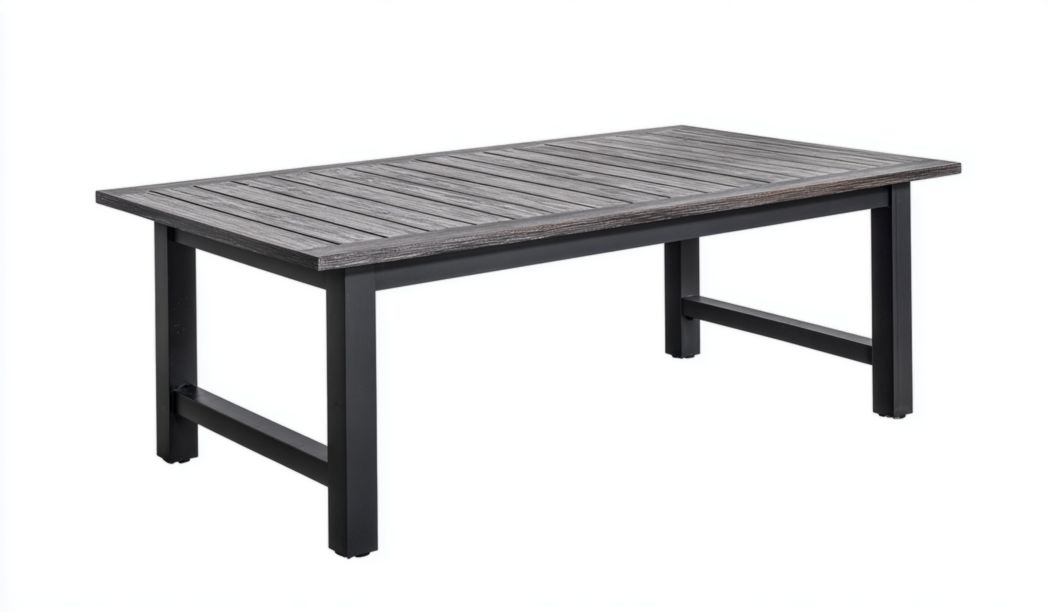Table de jardin rectangulaire en aluminium avec plateau effet bois gris foncé