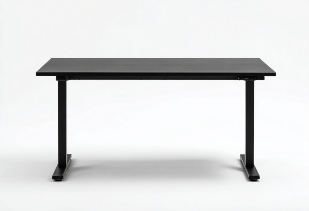 Bureau avec structure en métal noir, plateau rectangulaire, sans tiroirs ni compartiments