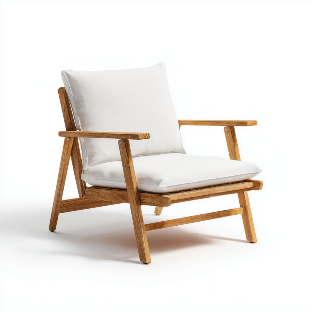 Fauteuil en bois massif couleur chêne avec coussins blancs