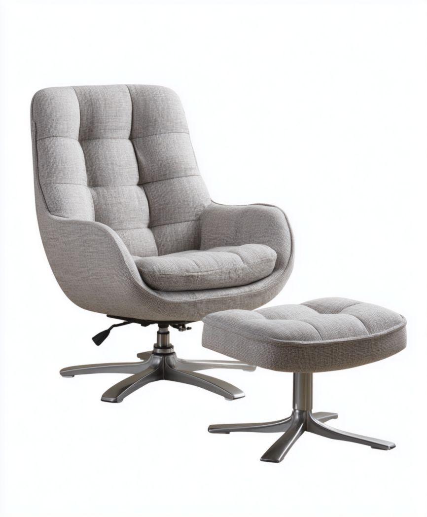 Fauteuil en tissu gris avec repose-pieds, dossier haut et piètement métallique