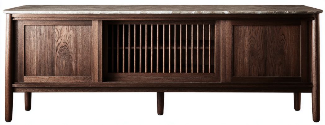 Meuble TV en bois foncé avec plateau en marbre, deux portes pleines et une porte coulissante à lattes