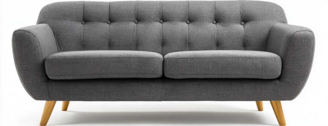 Canapé 2 places en tissu gris avec dossier capitonné sans coussins pieds en bois