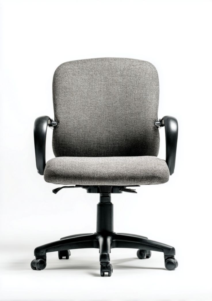 Chaise de bureau en tissu gris, accoudoirs en plastique noir, base à cinq branches avec roulettes