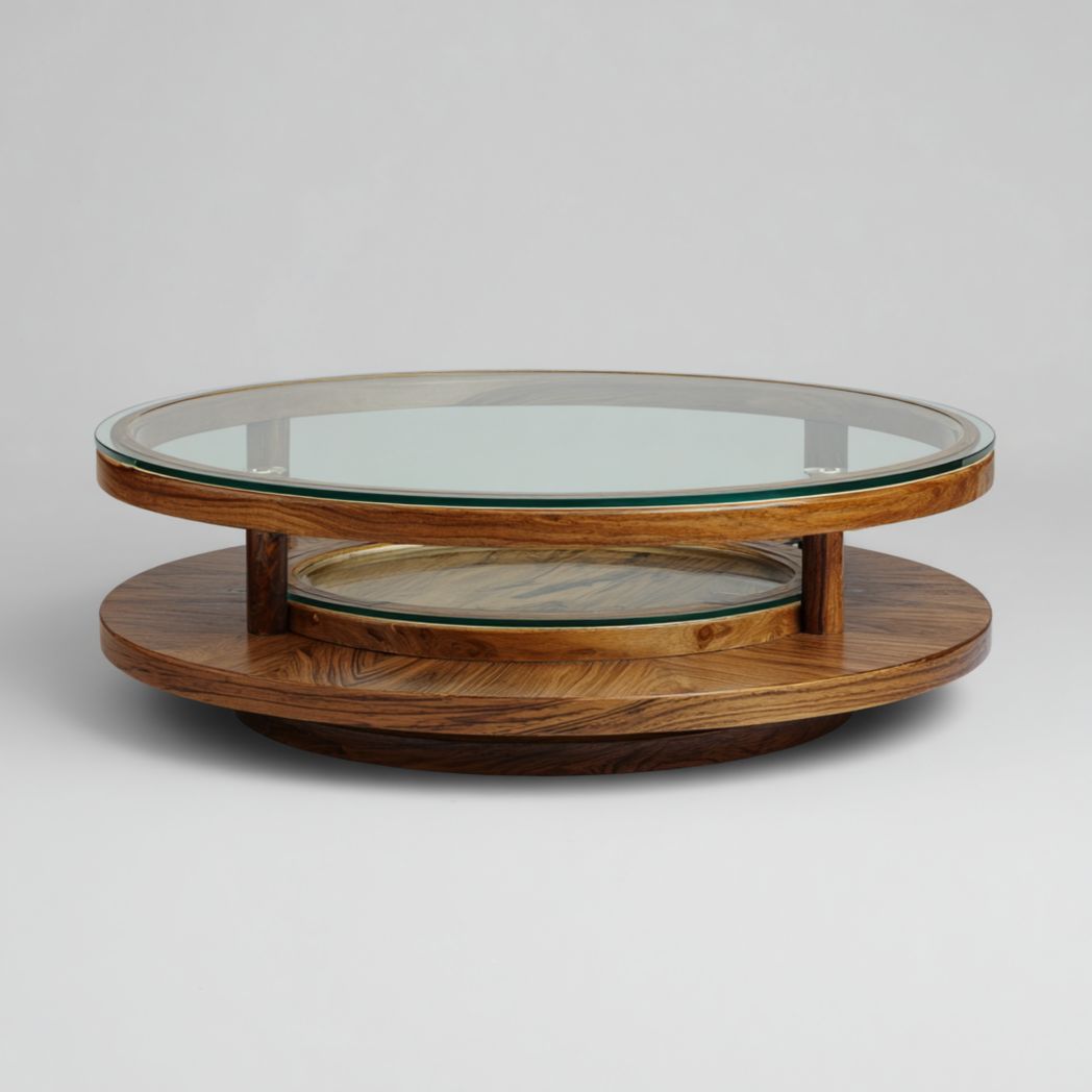 Table basse ronde à deux niveaux en verre et bois