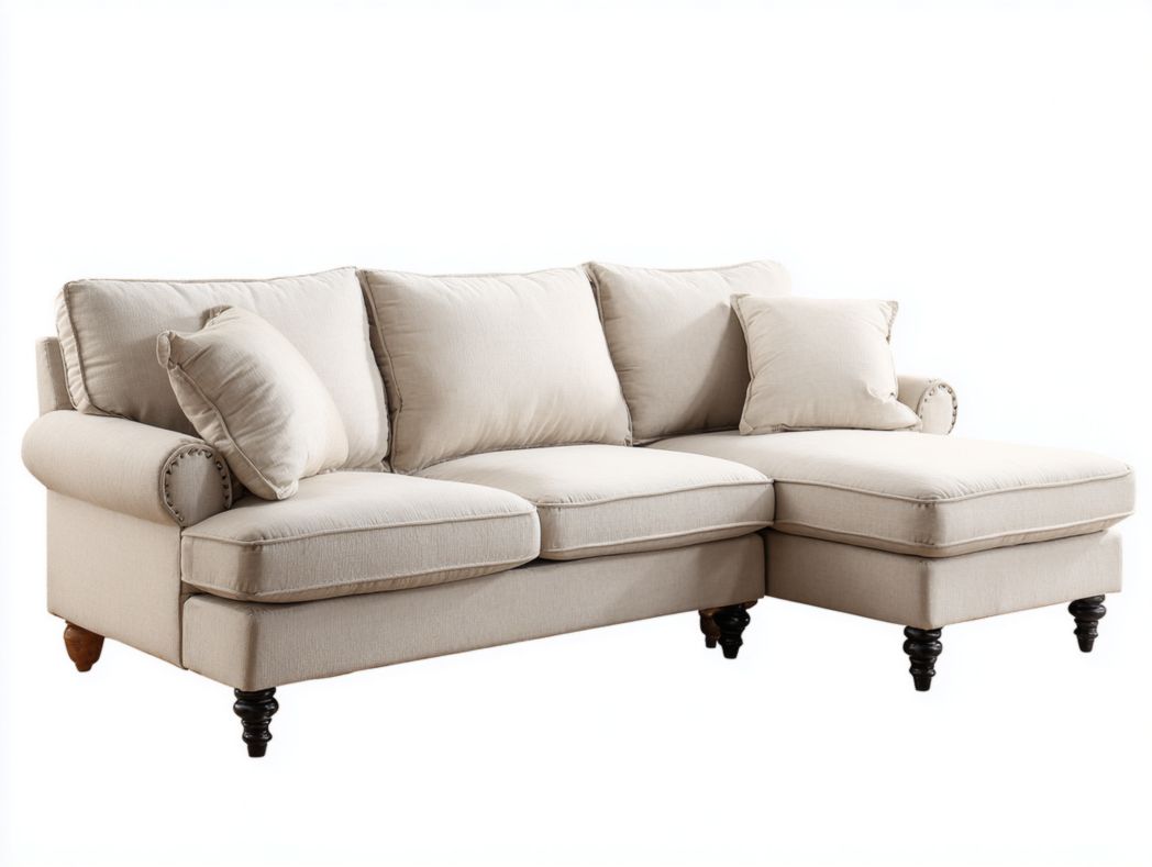 Canapé d’angle tissu beige 3 dossiers 2 coussins pieds bois