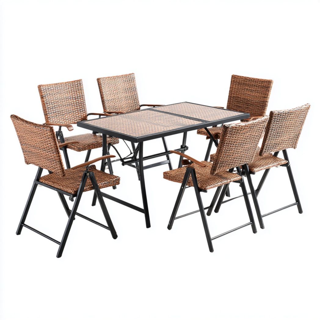 Ensemble de jardin rectangulaire en rotin brun avec table en verre et six chaises