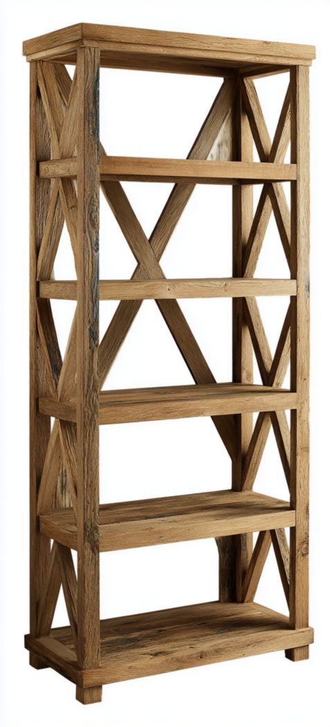 Étagère en bois couleur naturelle à cinq niveaux avec structure croisée