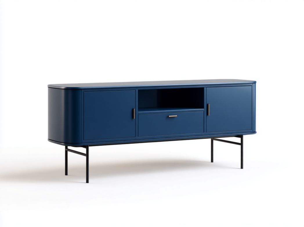 Meuble TV en bois bleu avec pieds en métal et rangement central