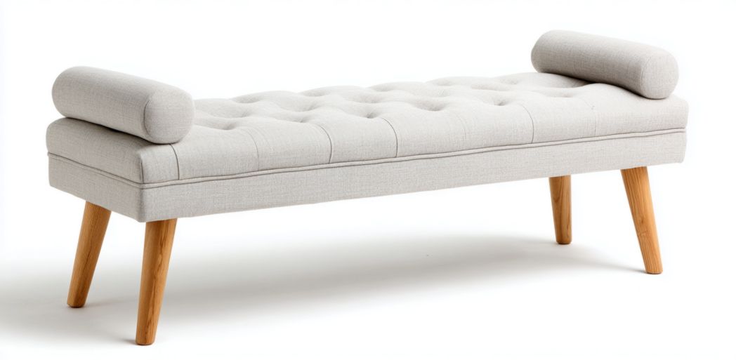 Banc en tissu beige clair avec coussins cylindriques et pieds en bois