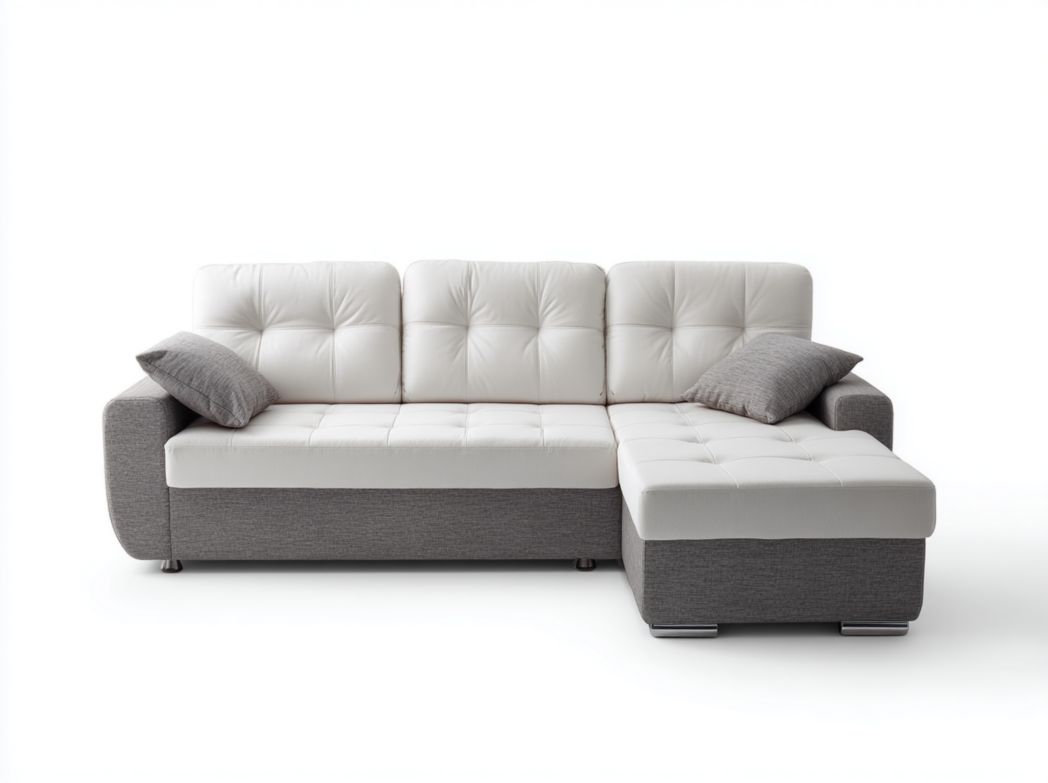 Canapé d’angle gris et blanc 3 dossiers 2 coussins