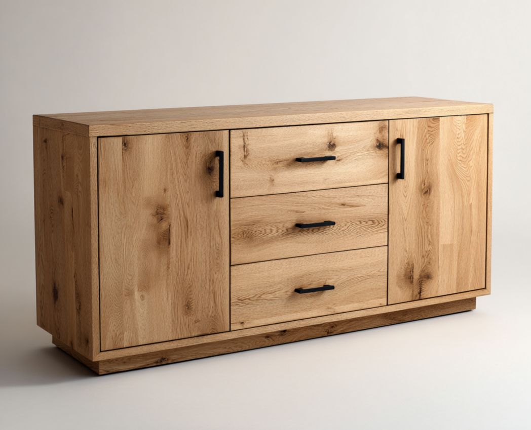 Buffet en bois chêne naturel, 3 tiroirs et 2 portes, poignées métalliques noires