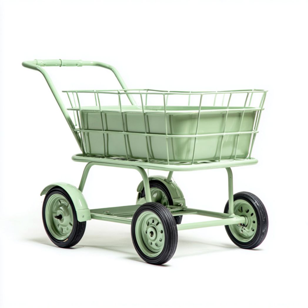 Chariot de jardin en métal vert clair à quatre roues avec bac intérieur