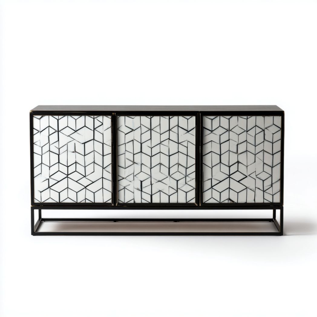 Buffet à cadre métallique noir, 3 portes à façades géométriques, meuble rectangulaire