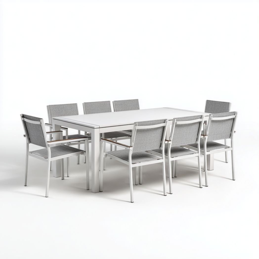 Ensemble repas 9 pièces en aluminium gris avec table rectangulaire et 8 chaises