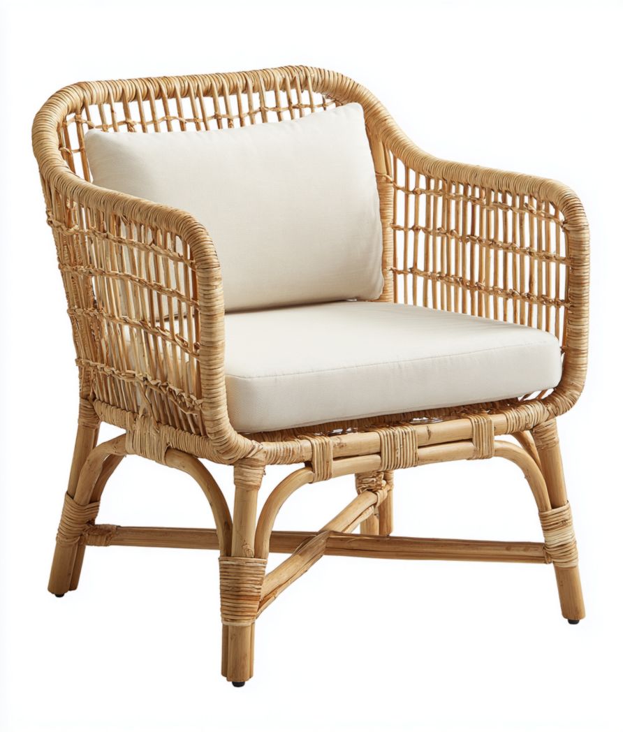 Fauteuil en rotin naturel avec coussin d’assise et dossier beige clair