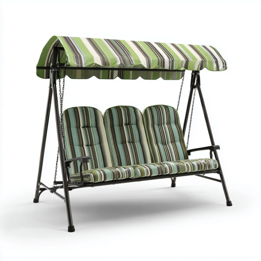 Balancelle de jardin trois places en métal avec coussins et auvent à rayures vertes et grises