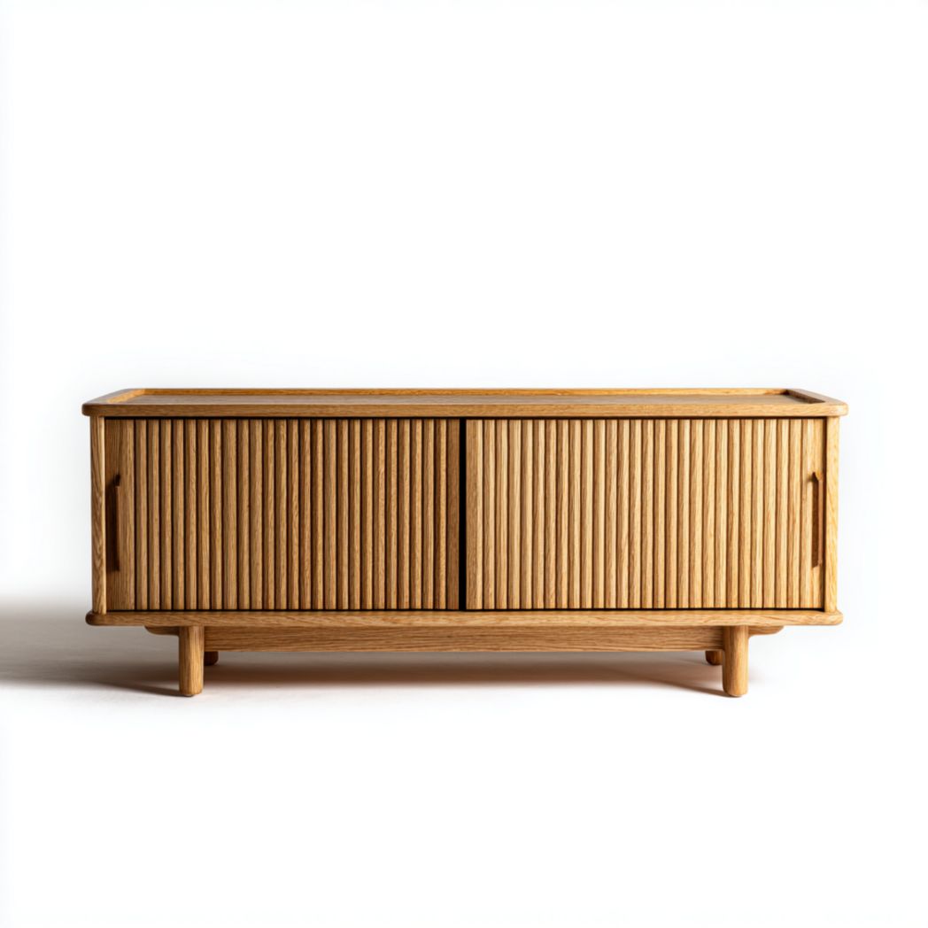 Meuble TV en bois clair avec deux portes coulissantes à rainures