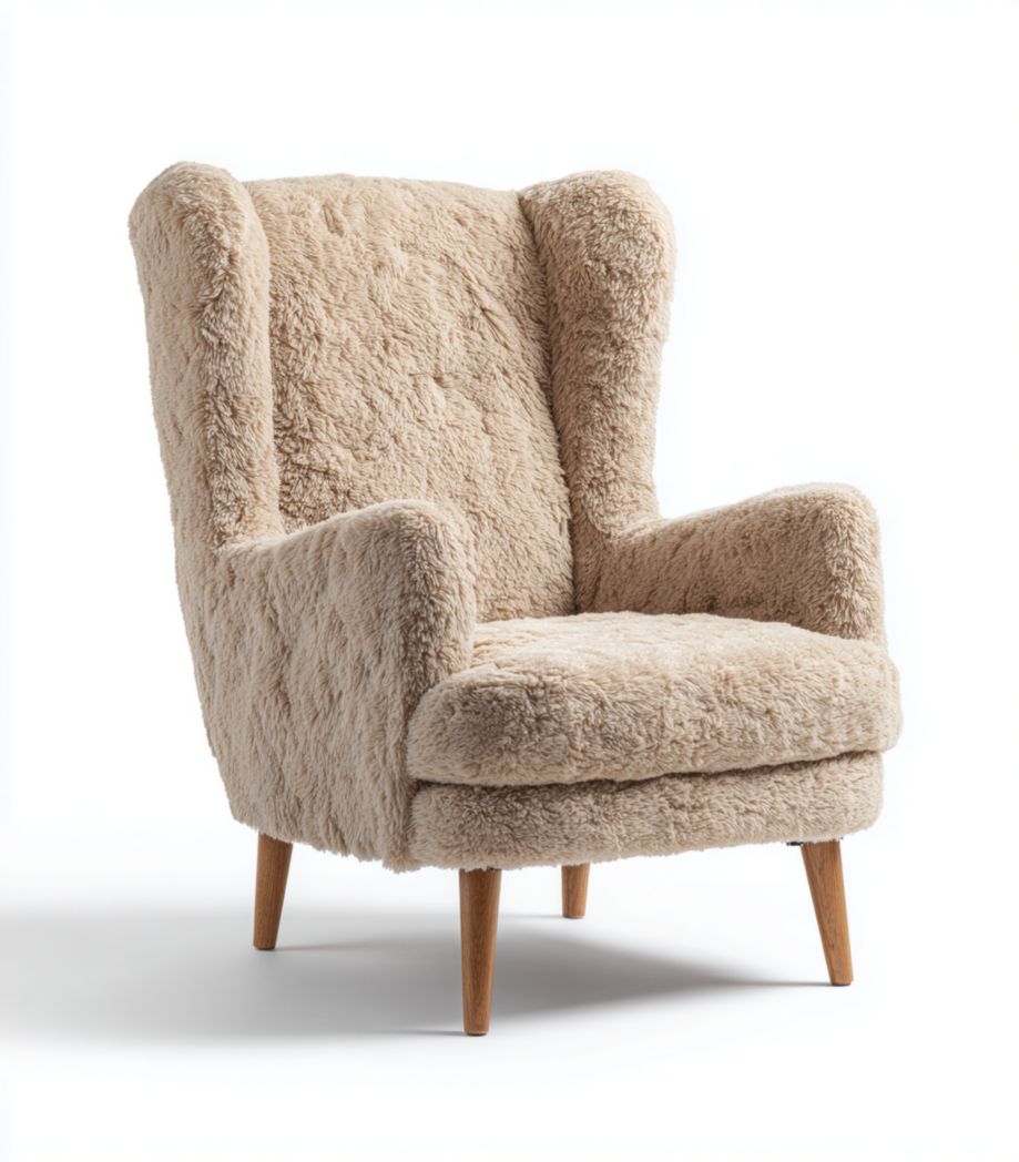 Fauteuil en tissu effet laine beige avec dossier haut, coussin d’assise et pieds en bois