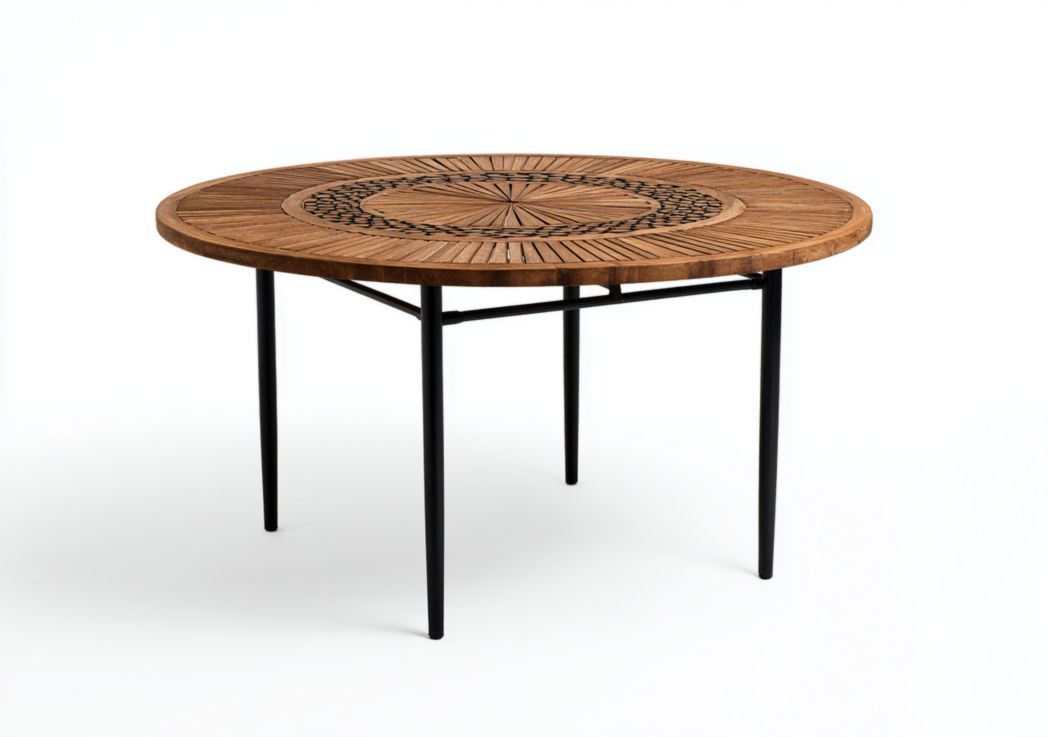 Table de jardin ronde en bois avec motif ajouré et pieds en métal noir