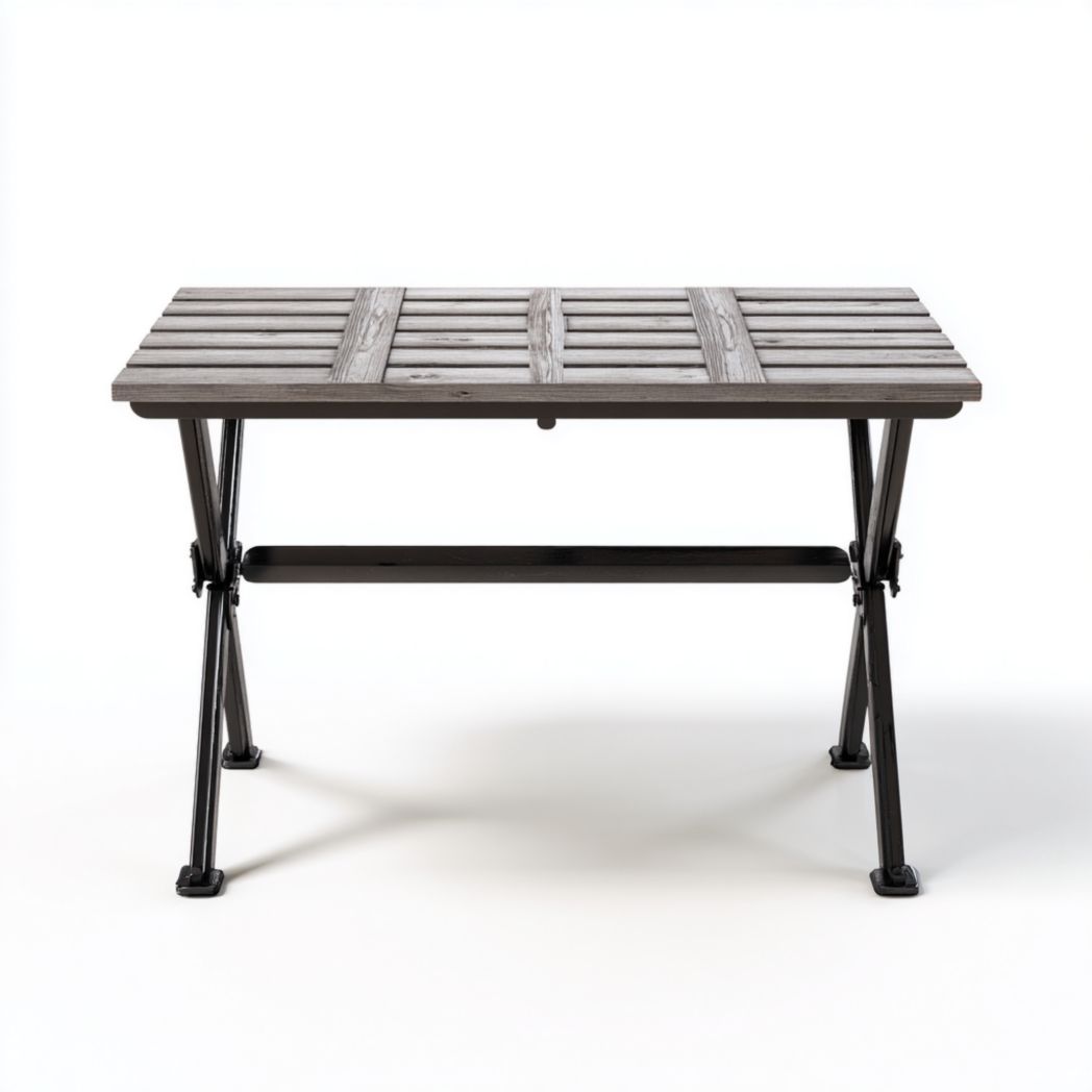 Table pliante rectangulaire effet bois gris pieds métal noir