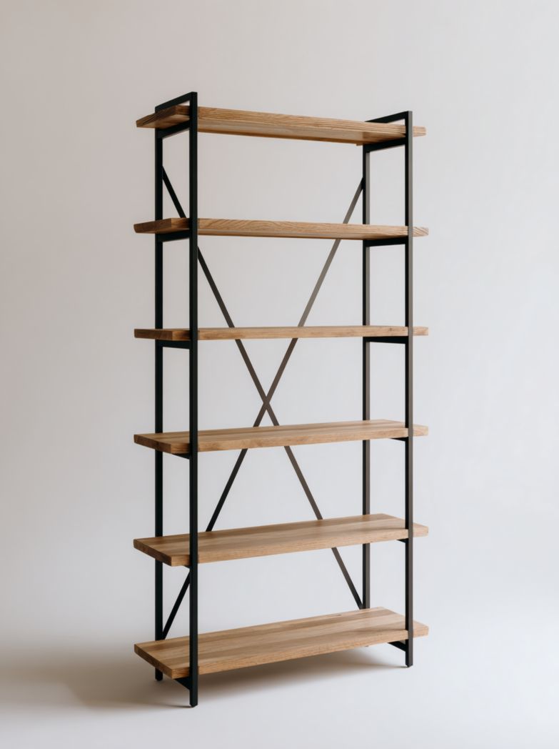 Étagère à structure métallique noire et tablettes en bois naturel, six niveaux, forme rectangulaire