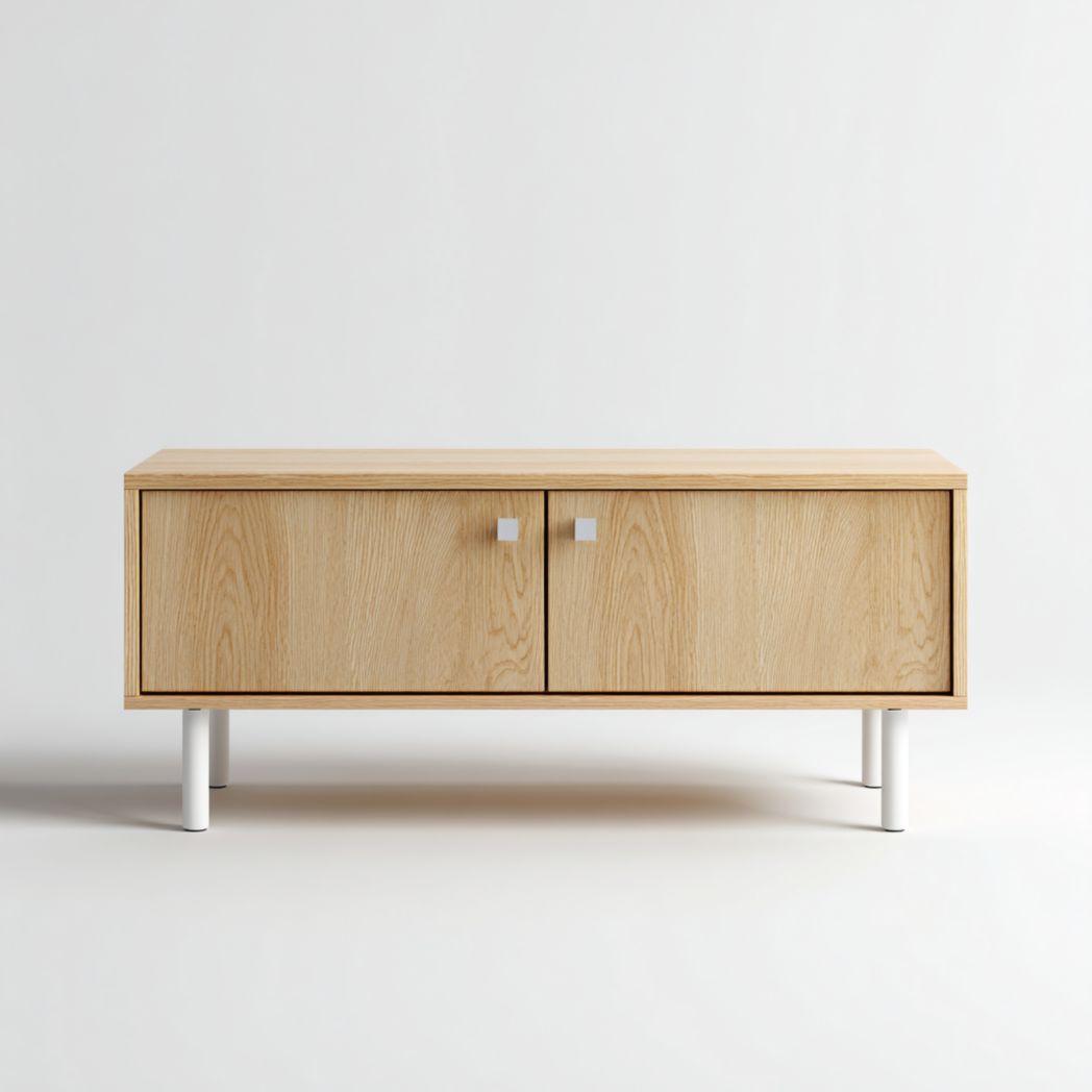 Meuble TV en bois naturel à deux portes et pieds métalliques blancs