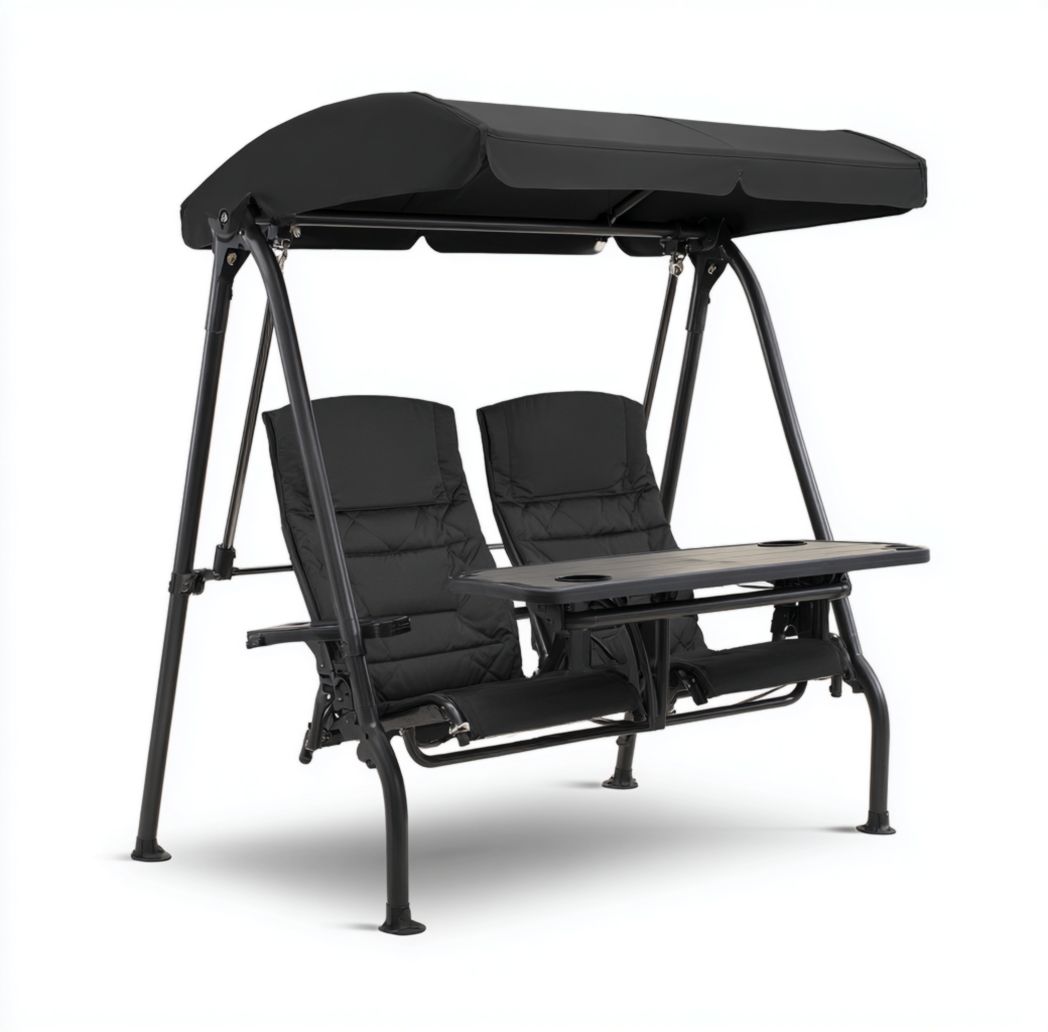 Balancelle de jardin deux places en métal noir avec coussins et table centrale