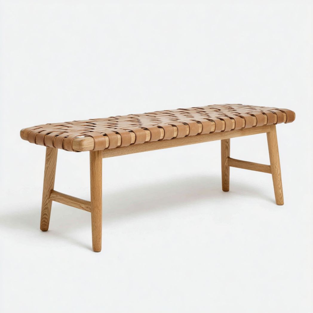 Banc rectangulaire en bois avec assise tressée en cuir marron