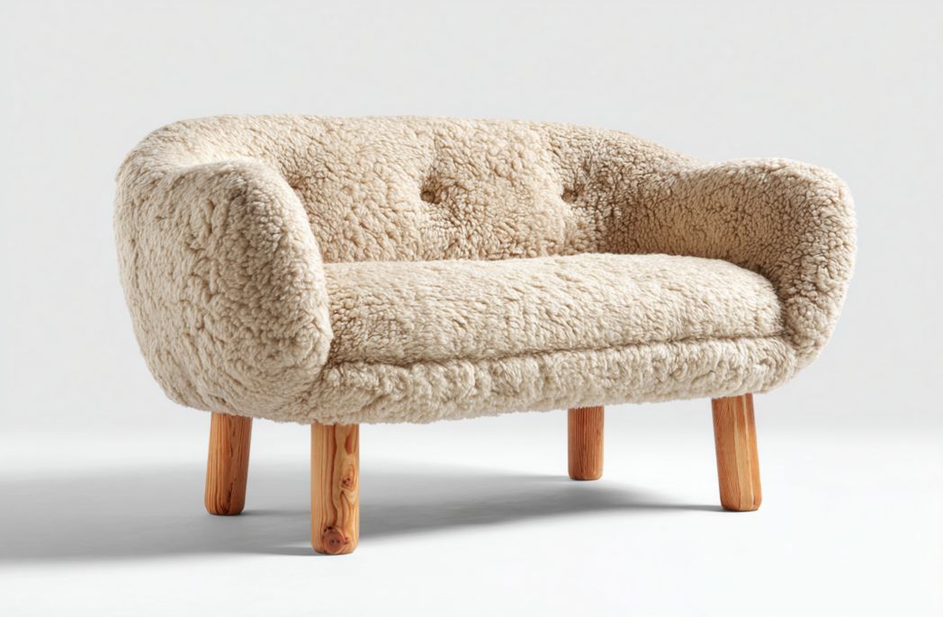 Canapé 2 places tissu bouclé beige dossier arrondi pieds cylindriques bois sans coussins