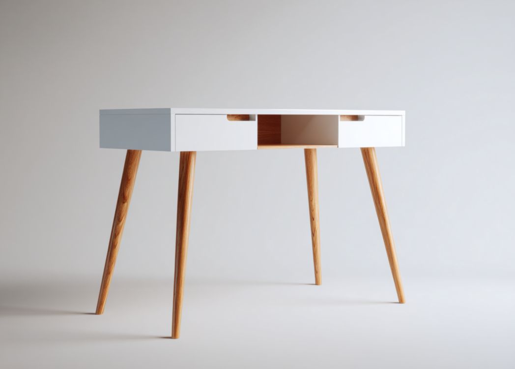 Bureau en bois blanc, plateau rectangulaire, deux tiroirs et un compartiment ouvert, pieds coniques en bois