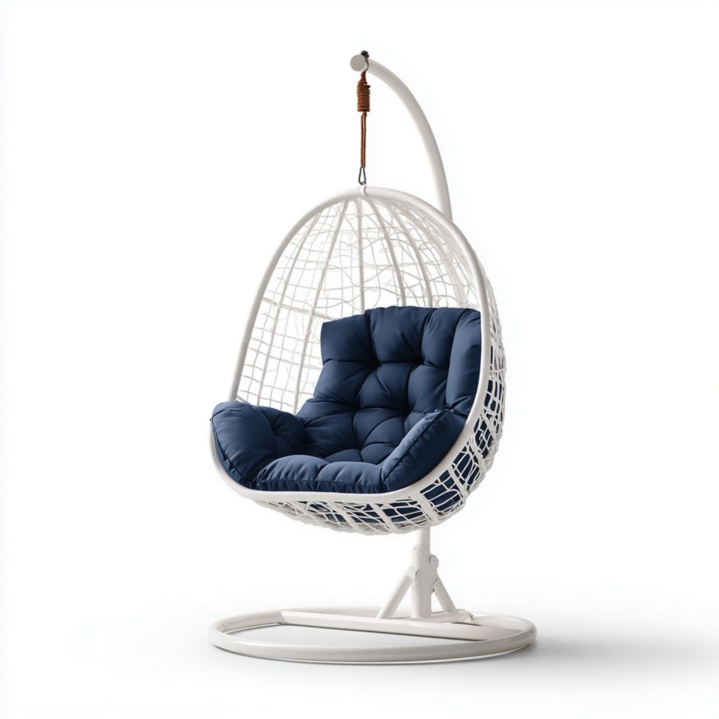 Fauteuil suspendu œuf en métal blanc avec coussin et appui-tête bleu marine