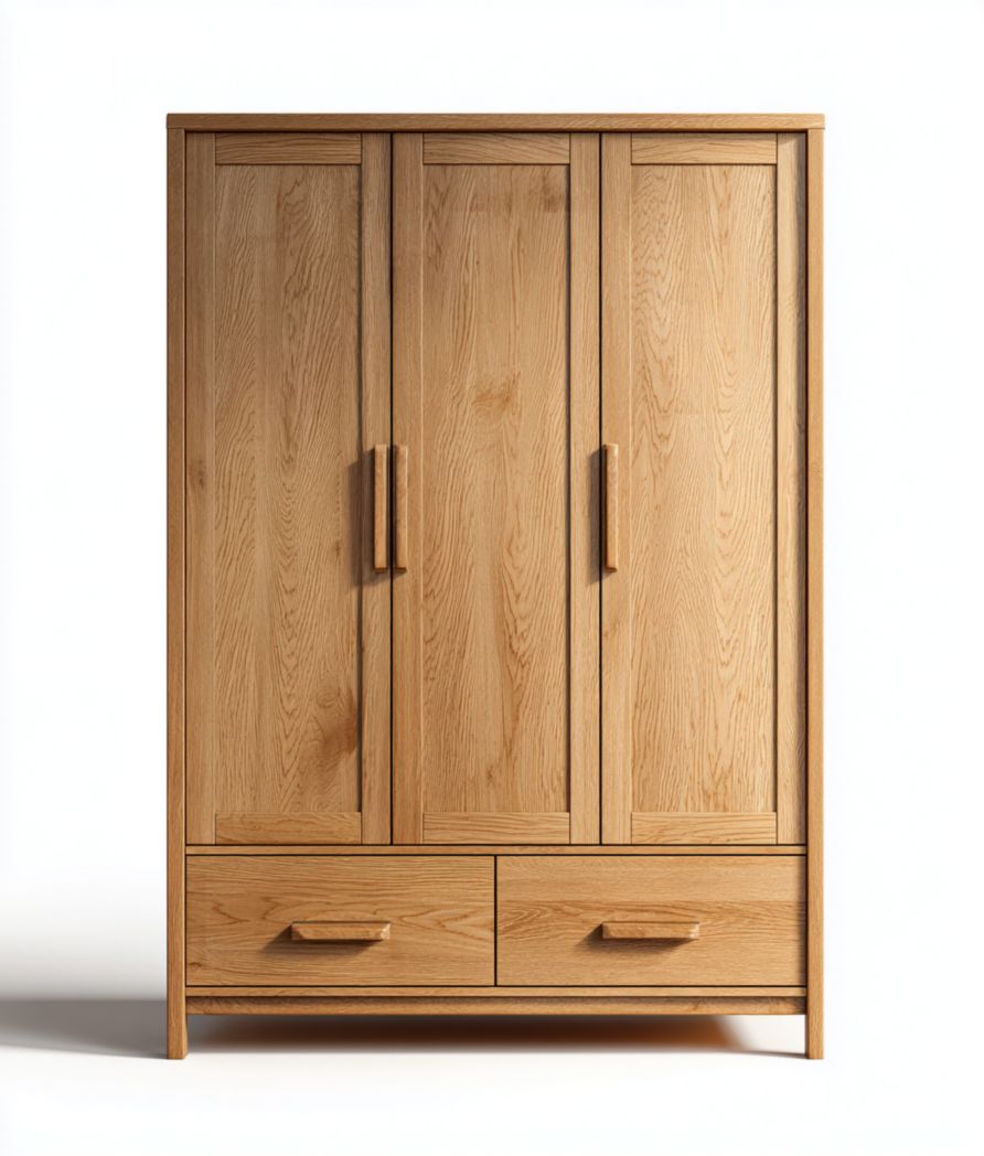 Armoire en bois trois portes deux tiroirs structure rectangulaire couleur bois naturel