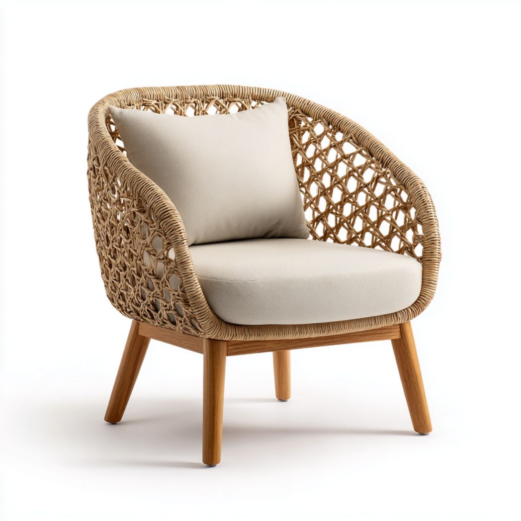 Fauteuil en rotin naturel avec dossier ovale et coussins en tissu