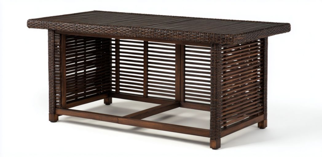 Table de jardin rectangulaire en résine tressée brun foncé avec structure à lattes