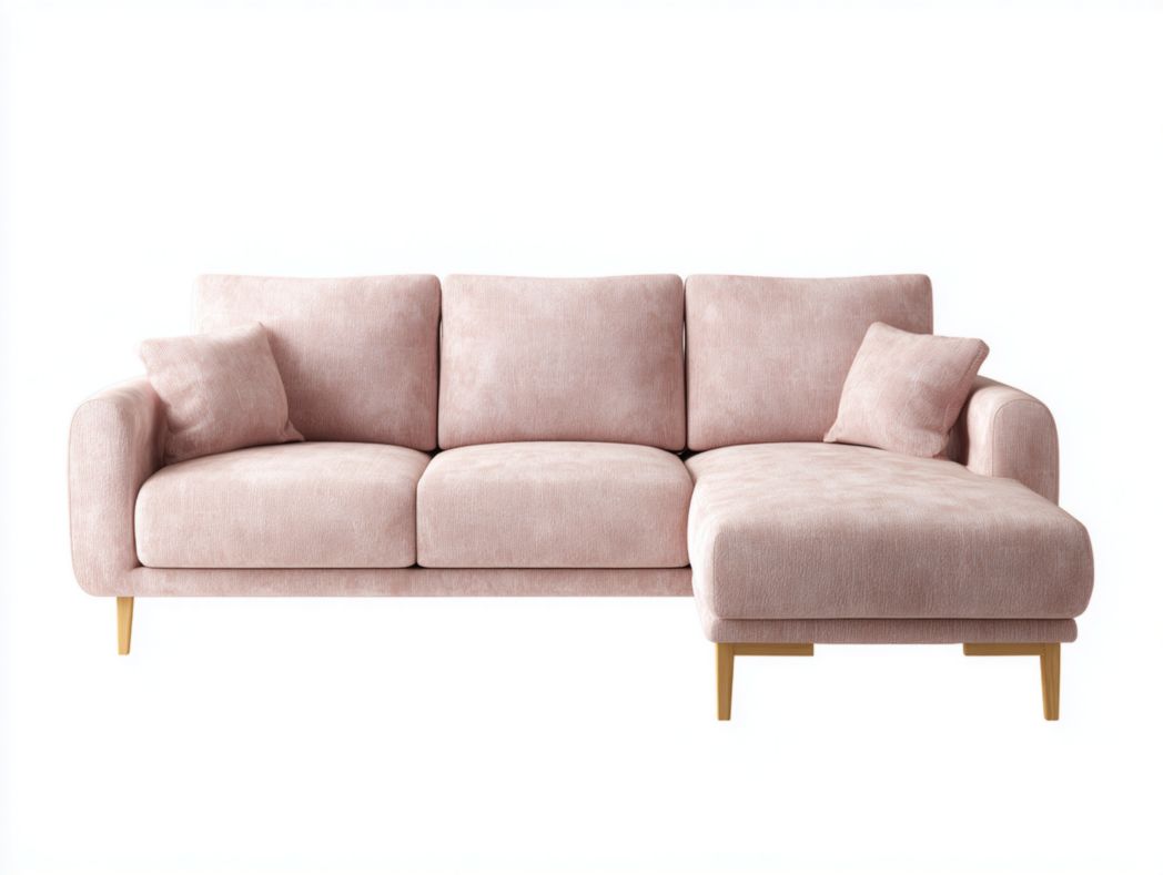Canapé d’angle en tissu rose pâle avec méridienne droite et deux coussins
