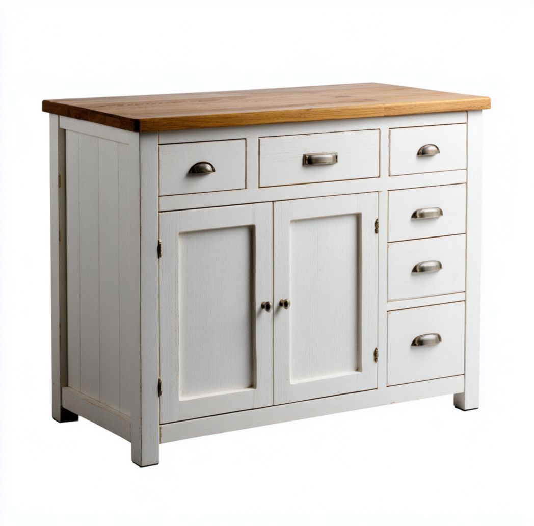 Commode à six tiroirs en bois blanc avec portes doubles et plateau couleur bois